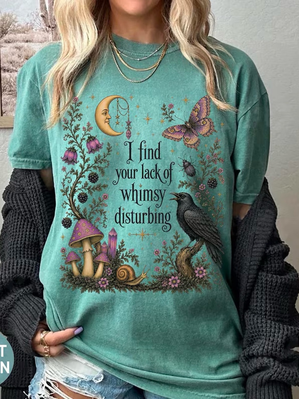 Whimsy Disturbing Crow Mushroom Comfort Colors Green T-Shirt
